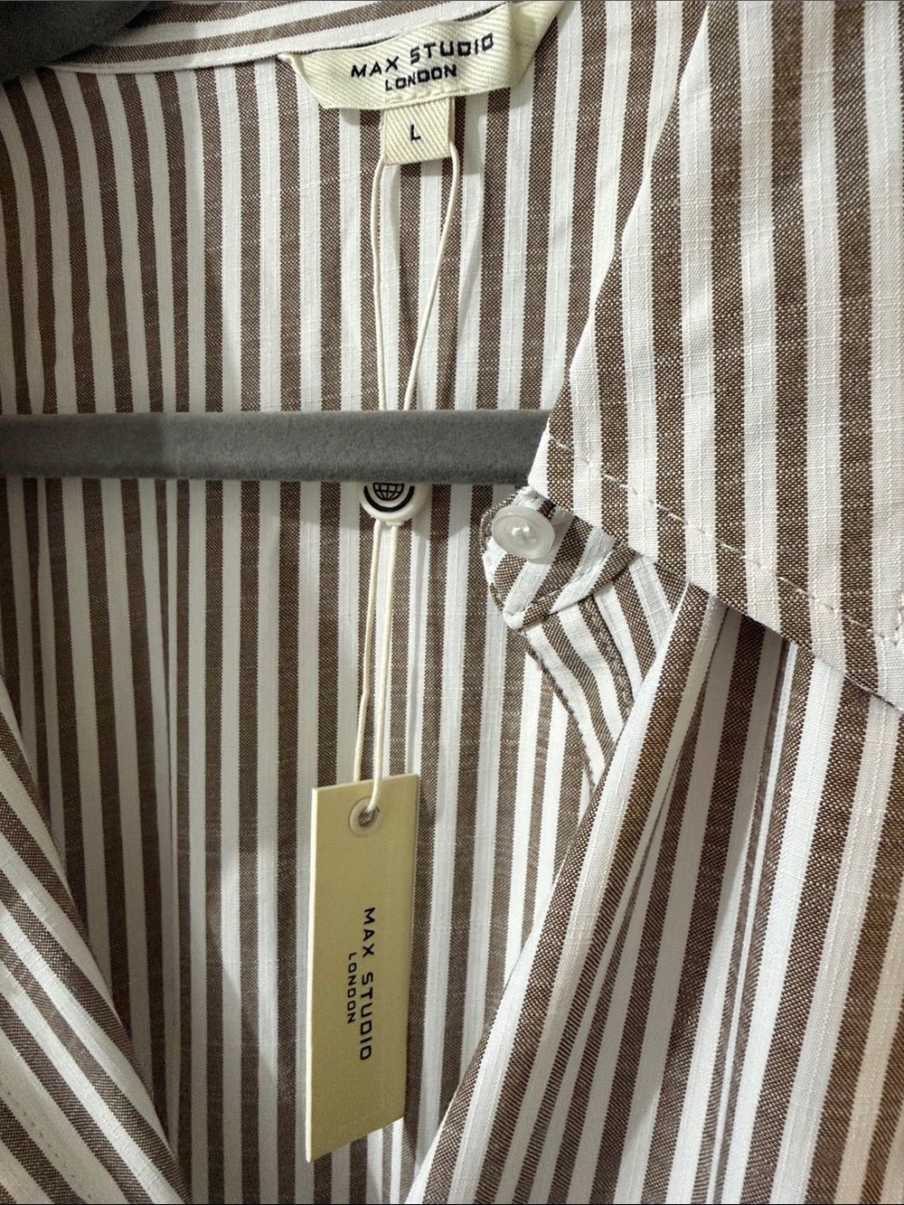 Max Studio Striped Collared Midi Dress in Beige and White - Picture 2 of 4